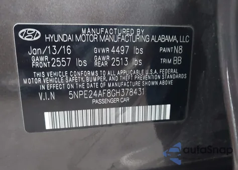 2016 Hyundai Sonata Se from USA, damaged, VIN 5NPE24AF8GH378431